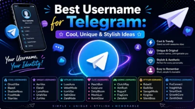 Telegram username ideas graphic with cool, unique, stylish, cute, gaming, attitude, and professional names.