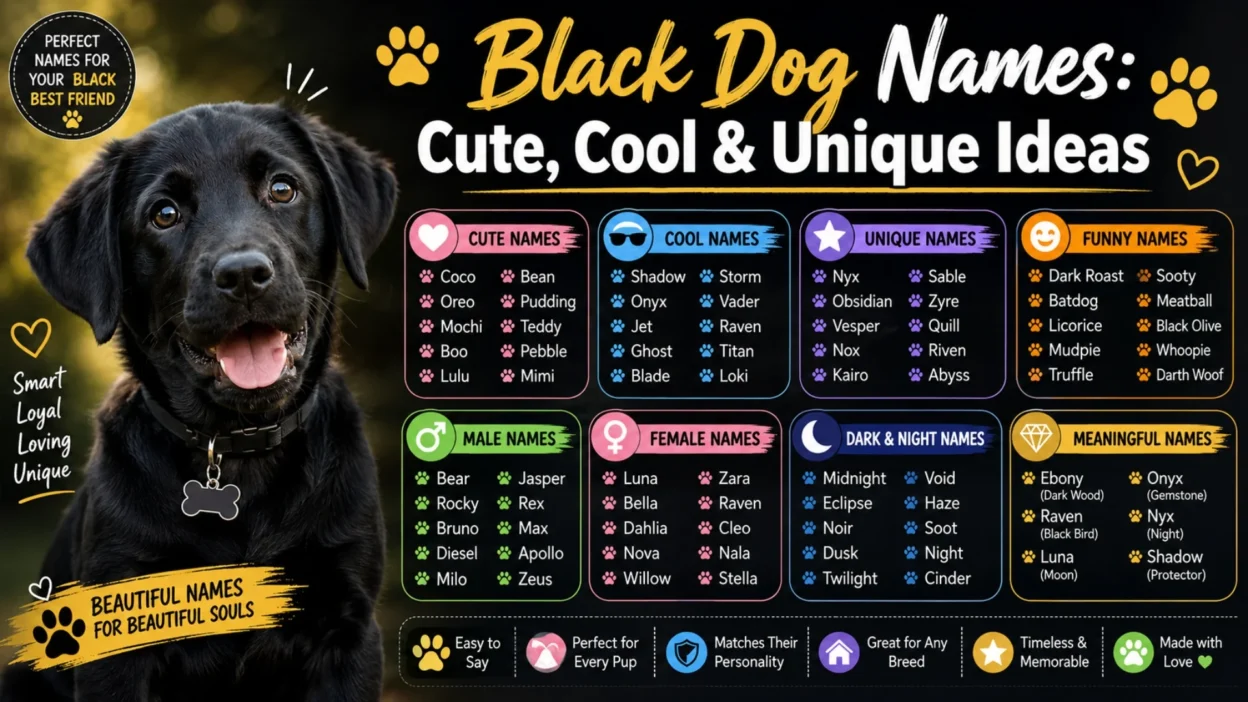 Black dog names graphic with cute, cool, unique, funny, male, female, dark, and meaningful name ideas.