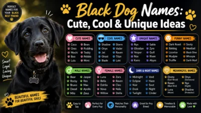 Black dog names graphic with cute, cool, unique, funny, male, female, dark, and meaningful name ideas.