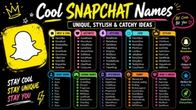 Cool Snapchat names graphic with unique, stylish, catchy, aesthetic, gaming, funny, and rare username ideas.