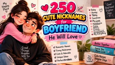 Cute nicknames for boyfriend infographic with romantic couple and 250 sweet name ideas