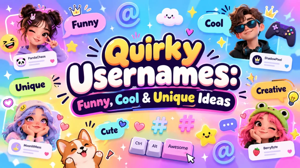 Colorful quirky usernames graphic with funny, cool, unique and creative username ideas for social media and gaming
