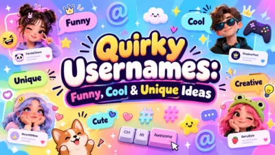 Colorful quirky usernames graphic with funny, cool, unique and creative username ideas for social media and gaming