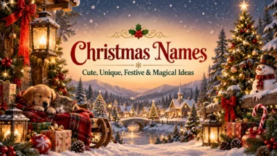 Christmas names banner with snowy village, decorated trees, gifts, puppy, kitten, and festive winter lights