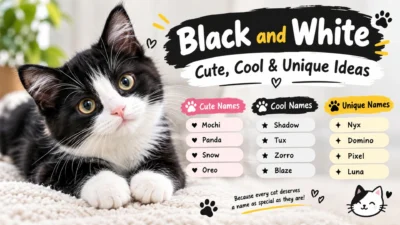 Black and white tuxedo cat with cute, cool, and unique name ideas in a playful graphic