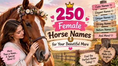 250 female horse names graphic featuring a beautiful mare with cute, elegant, and unique name ideas