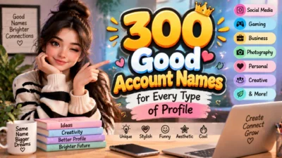 300 good account names graphic with creative profile name ideas for social media, gaming, business, and personal accounts