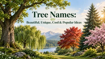 Tree names banner with lake, forest, and colorful trees for beautiful, unique, cool and popular ideas