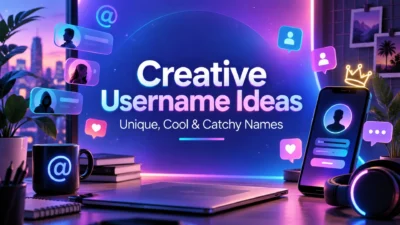 Creative username ideas banner with neon social media icons, smartphone, laptop, and profile graphics