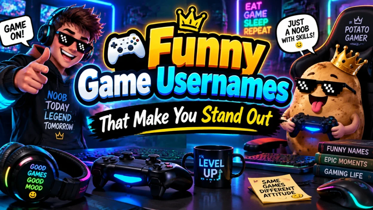 Funny game usernames thumbnail with gamer, potato character, controller, and neon gaming setup