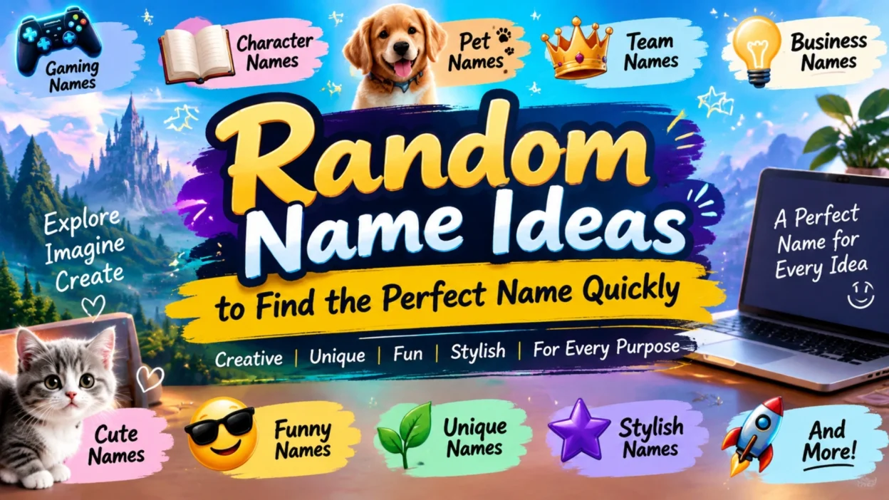 Random name ideas banner with creative names for pets, teams, gaming, and business