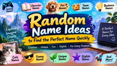Random name ideas banner with creative names for pets, teams, gaming, and business