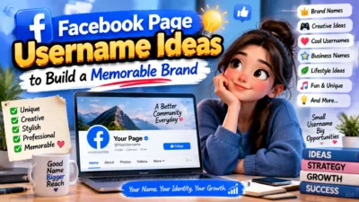 Facebook page username ideas graphic with creative branding tips, profile mockup, and memorable name inspiration