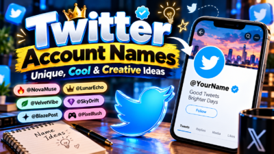 Twitter account names graphic with unique, cool and creative username ideas, profile mockup, and colorful handle suggestions