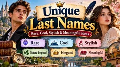 Unique last names graphic with rare, cool, stylish, elegant, nature-inspired, and meaningful surname ideas