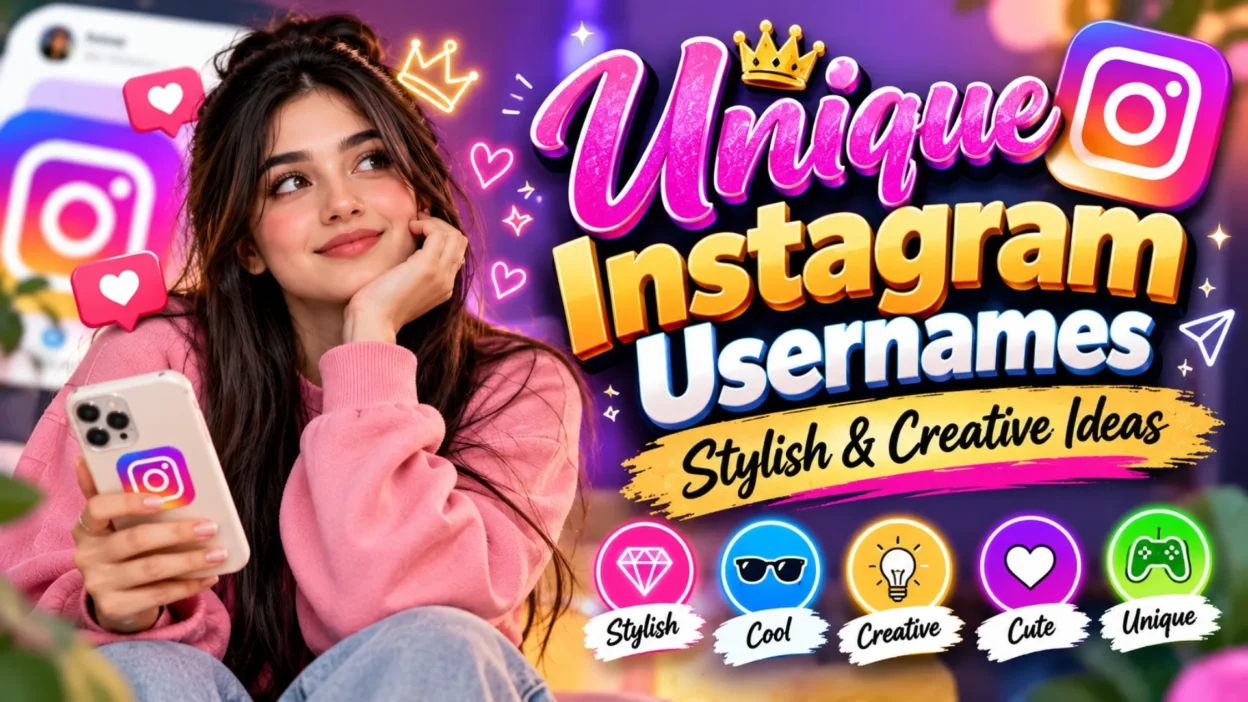 Unique Instagram usernames graphic with stylish, cool, creative, cute, and modern username ideas